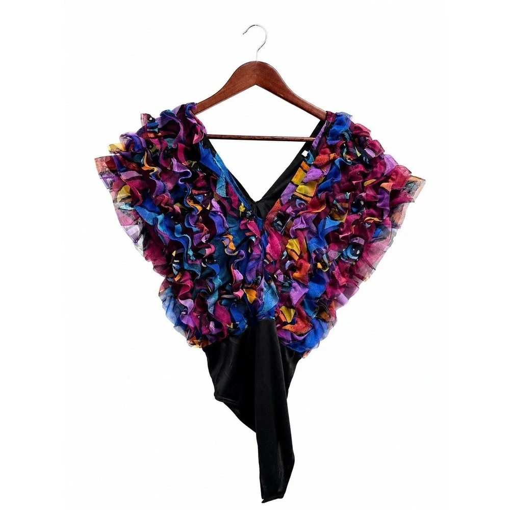 Live 4 Truth Ruffle Mesh Bodysuit Top Multicolor Sheer Sz Medium Festival V Neck - Picture 2 of 9